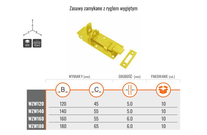 MARK KYRC ZASUWA ZAMYKANA Z RYGLEM WYGIĘTYM 180X65X6MM