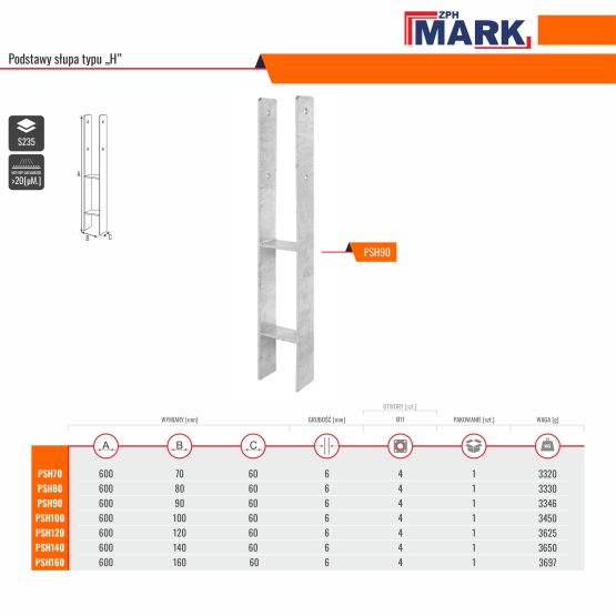 MARK KYRC PODSTAWA SŁUPA TYPU H 600X100X60X6 MM