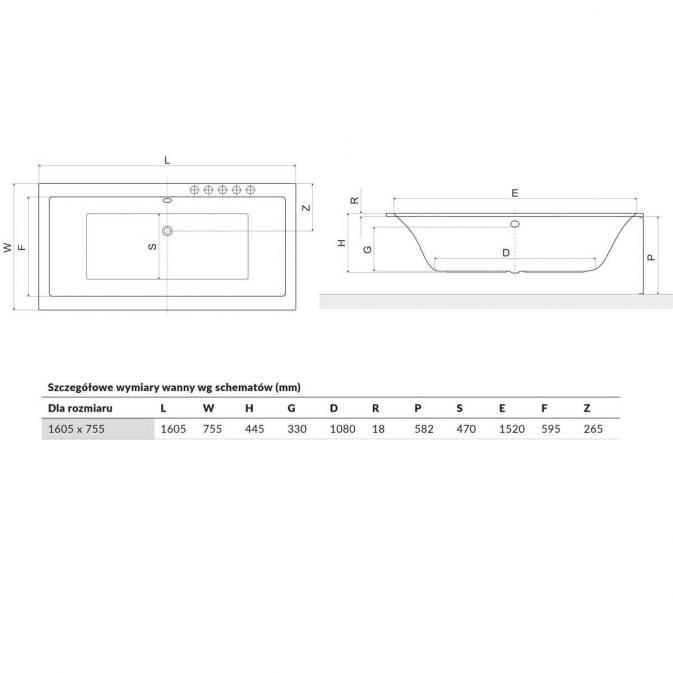 Wanna do zabudowy Pryzmat Slim 160 X 75 cm WAEX.PRY16WHS Excellent